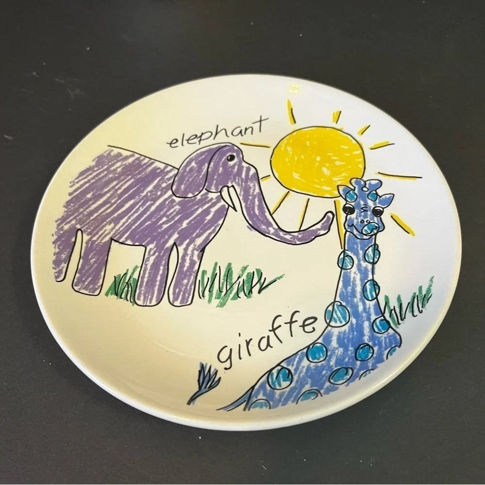 Pier 1 Childrens Dish Set: Jungle Animals Cup Bowl Plate Colorful Monkey Giraffe